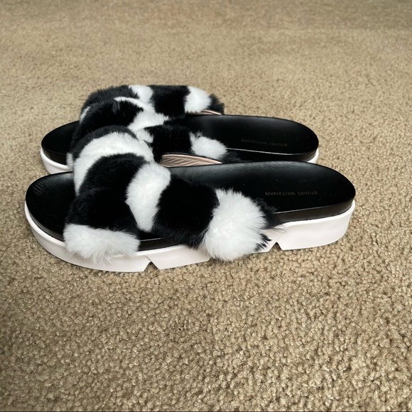 Stuart Weitzman Sublime Rex Rabbit Fur Slide Sandal Sz 41 In Black/White - Picture 6 of 12
